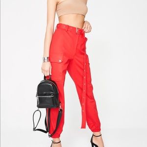 Red High Waisted Cargo Dolls Kill Pants